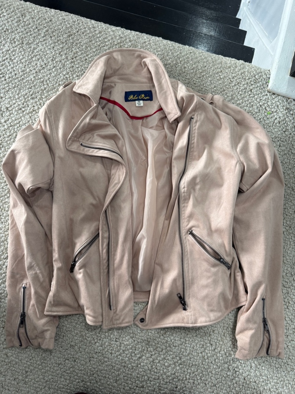 Blue Rain Blush Pink Suede Moto Jacket